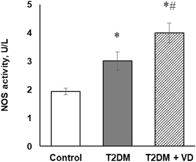 Bar graph showing NOS activity in units per liter across three groups: Control, T2DM, and T2DM plus VD. The Control group has the lowest activity around 2 U/L. T2DM is slightly higher at about 3 U/L, marked with an asterisk. T2DM plus VD shows the highest activity around 4.5 U/L, marked with an asterisk and a hash symbol. Error bars indicate variability.