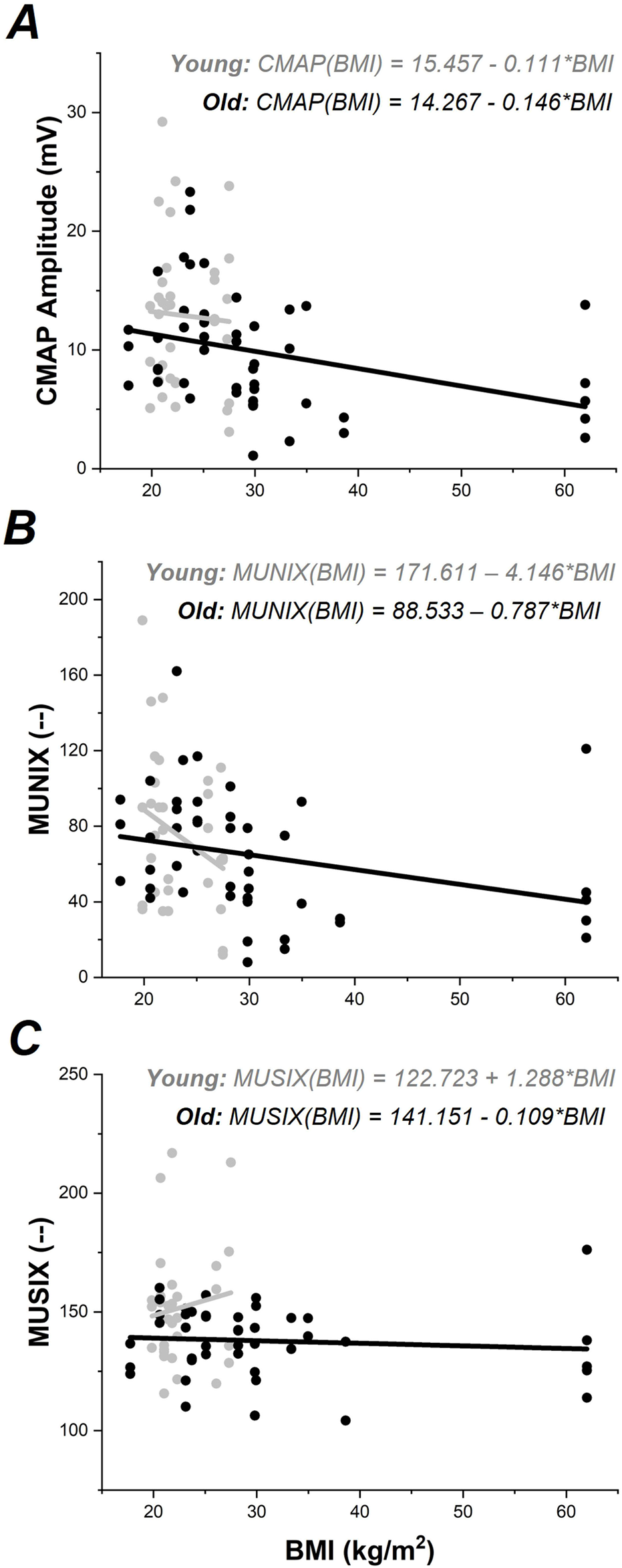 Three scatter plots labeled A, B, and C show relationships between BMI and various parameters. Plot A displays CMAP amplitude versus BMI with negative correlations for both young and old groups. Plot B shows MUNIX versus BMI with decreasing trends for both groups, more pronounced in young individuals. Plot C illustrates MUSIX versus BMI, with a positive trend in young individuals and negative in older ones. Data points are marked in different colors for young and old groups.