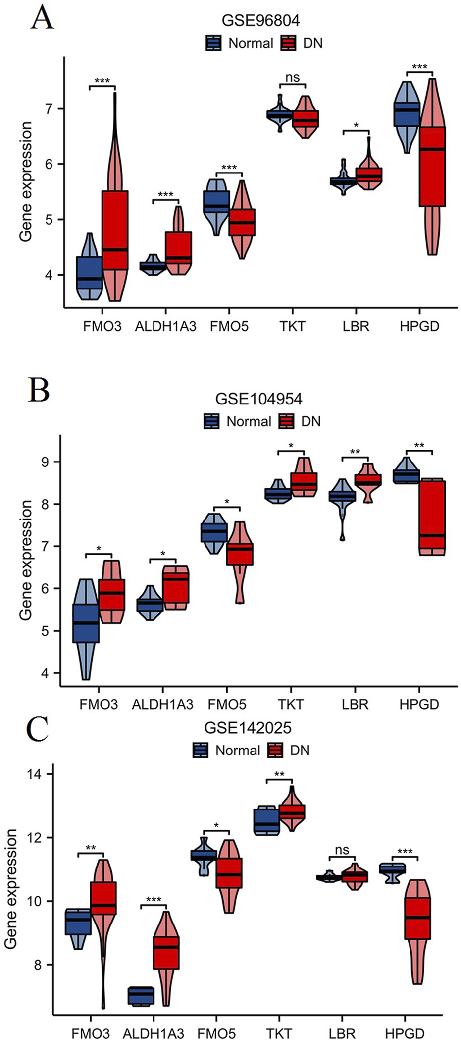 Three violin plots (A, B, C) compare gene expression levels between normal (blue) and DN (red) samples across six genes: FMO3, ALDH1A3, FMO5, TKT, LBR, and HPGD. Significant differences are noted with asterisks: *** (p < 0.001), ** (p < 0.01), * (p < 0.05), and ns (not significant). Gene sets are labeled as GSE96804, GSE104954, and GSE142025 for each plot.