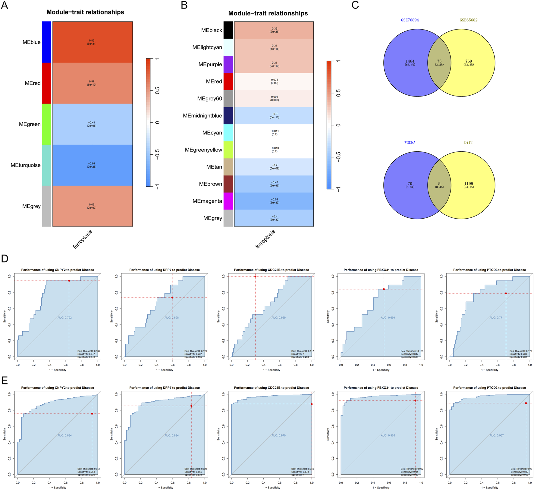 Panel A and B display heatmaps of module-trait relationships, highlighting correlations between various modules and the trait "keratoglobus." Panel C contains two Venn diagrams comparing gene sets across different studies. Panels D and E feature six receiver operating characteristic (ROC) curves each, illustrating the performance of different genes in predicting disease, with annotations for AUC values and thresholds.