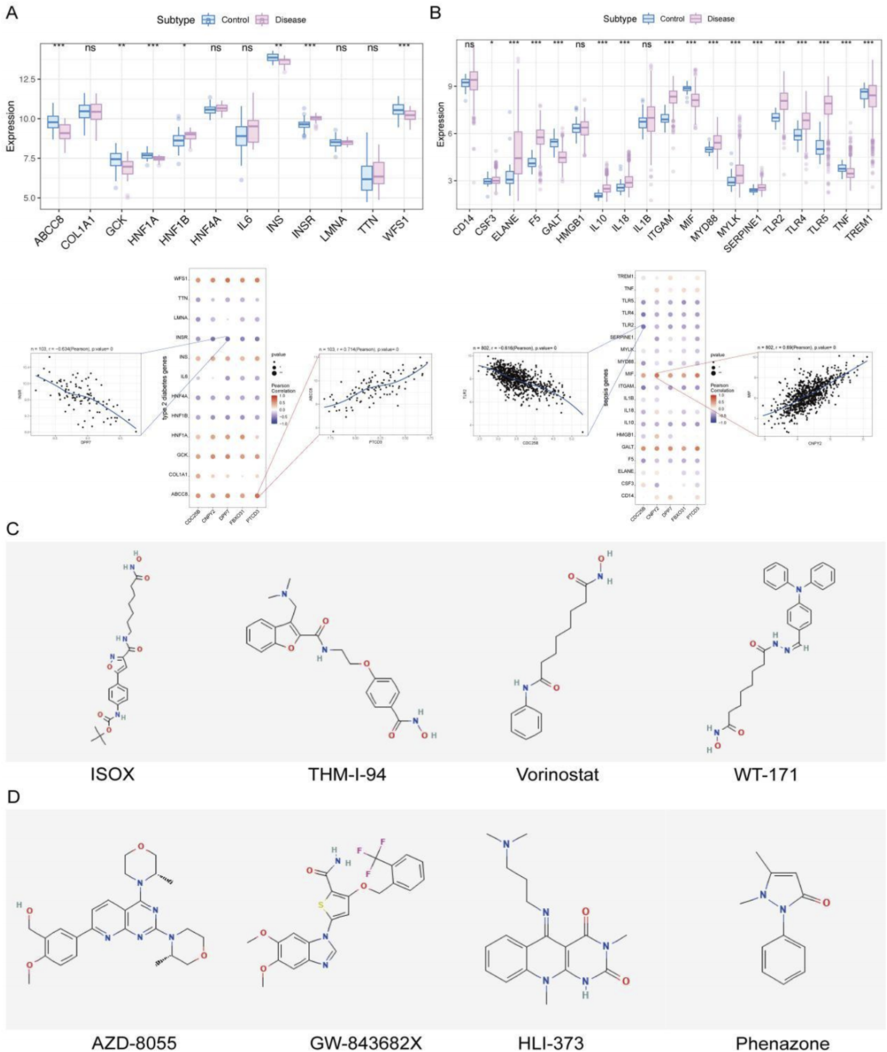 Box plots in panels A and B compare gene expression levels in control and disease subtypes, with associated scatter plots and correlation matrices. Panels C and D display chemical structures of various compounds, including ISOX, THM-I-94, Vorinostat, WT-171, AZD-8055, GW-843682X, HLI-373, and Phenazone.