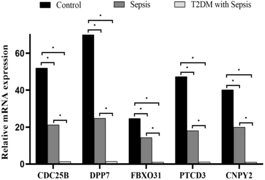 Bar graph comparing relative mRNA expression levels for CDC25B, DPP7, FBXO31, PTCD3, and CNPY2 across three groups: Control (black bars), Sepsis (dark gray bars), and T2DM with Sepsis (light gray bars). Expression levels are highest in the Control group for all genes. Statistical significance is indicated by asterisks between groups.
