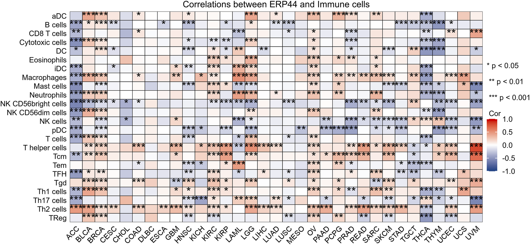 Heatmap showing correlations between ERP44 and various immune cell types across multiple cancer types. Red indicates positive correlation, and blue negative correlation. Significant correlations are marked by asterisks for p-values less than 0.05, 0.01, and 0.001.
