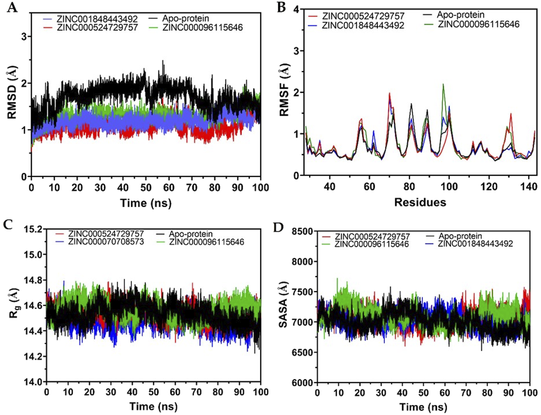 Four-panel scientific figure comparing apo-protein and various ZINC compound complexes using RMSD, RMSF, Rg, and SASA metrics. Panel A shows RMSD versus time, panel B shows RMSF versus residue number, panel C shows Rg versus time, and panel D shows SASA versus time, each with separate colored lines representing different ZINC compounds and apo-protein.