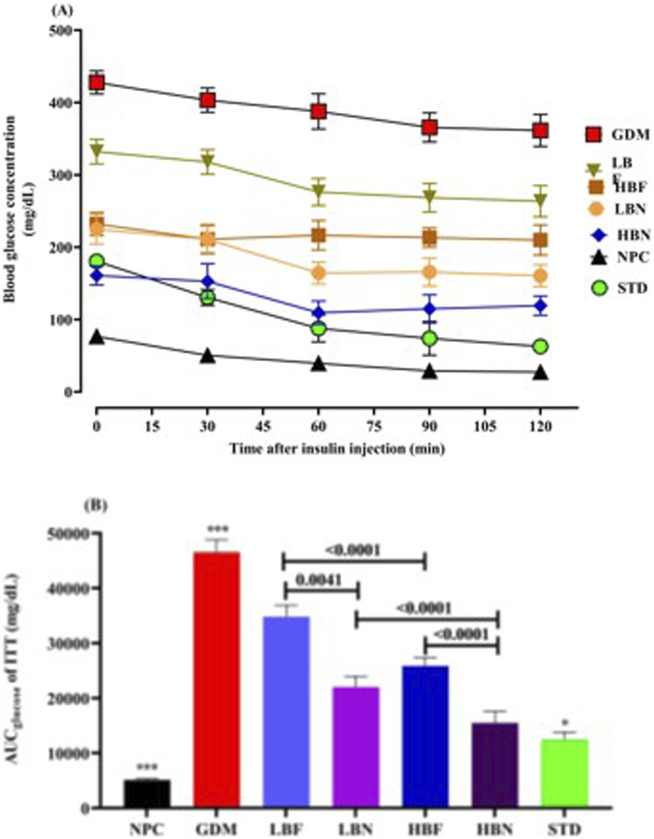 Graph A shows blood glucose concentration over time after insulin injection for different groups, including GDM, LB, LBF, LBN, HBF, HBN, NPC, and STD. Graph B presents AUC of IPITT levels for these groups, highlighting significant differences with P-values.
