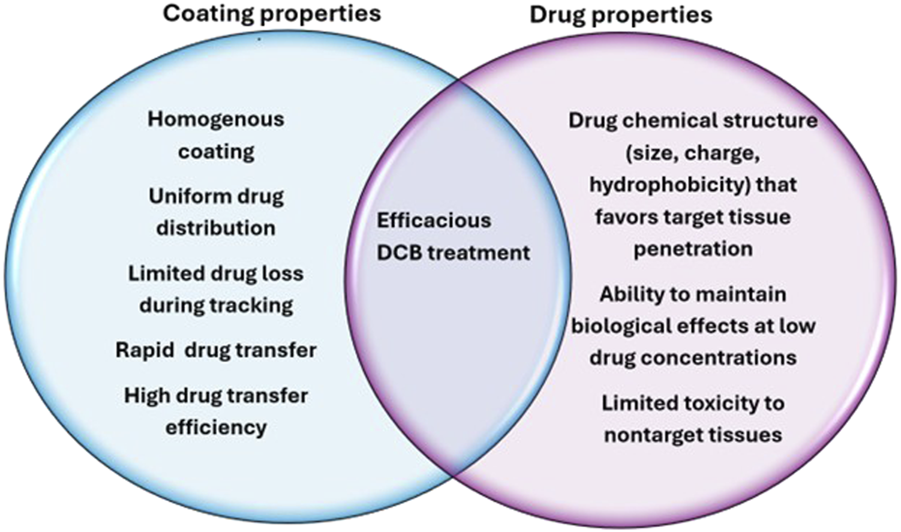Venn diagram comparing coating and drug properties. Coating properties include homogenous coating, uniform drug distribution, limited drug loss during tracking, rapid drug transfer, and high transfer efficiency. Drug properties include chemical structure favoring tissue penetration, maintaining biological effects at low concentrations, and limited toxicity to non-target tissues. The overlap indicates efficacious Drug-Coated Balloon (DCB) treatment.