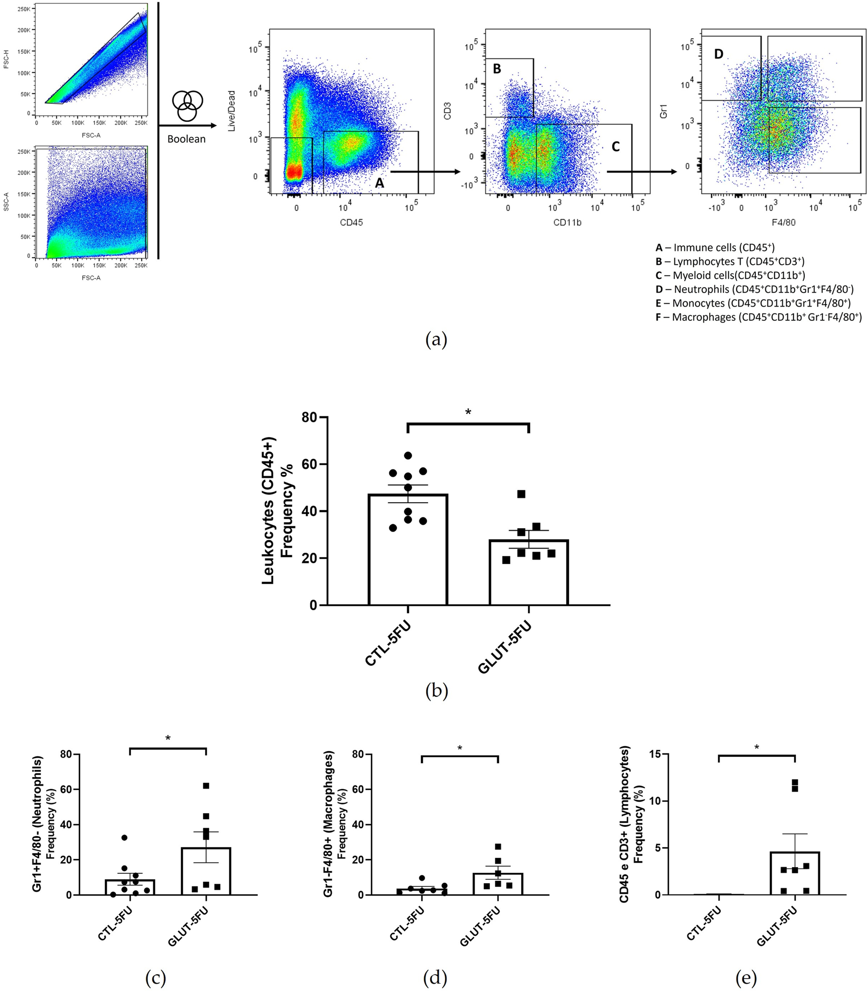 Composite scientific figure includes flow cytometry gating strategy and analysis panels, identifying immune cell populations in implant samples, with scatter plots and bar graphs (panels b–e) displaying leukocyte, neutrophil, macrophage, and lymphocyte frequencies in control and GLUT-5FU groups, and significant differences marked by asterisks.