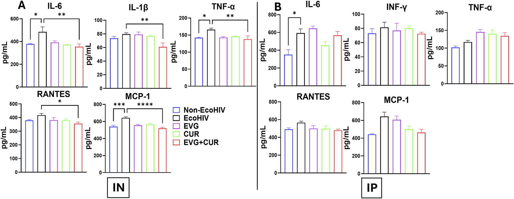Bar charts comparing cytokine and chemokine levels in different treatment groups. Panel A shows data for IL-6, IL-1β, TNF-α, RANTES, and MCP-1 in the IN group. Panel B shows IL-6, INF-γ, TNF-α, RANTES, and MCP-1 in the IP group. Groups are Non-EcoHIV, EcoHIV, EVG, CUR, and EVG+CUR, with statistical significance indicated by asterisks.